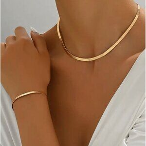 14K Gold Plated Herringbone Necklace & Bracelet Set For Women